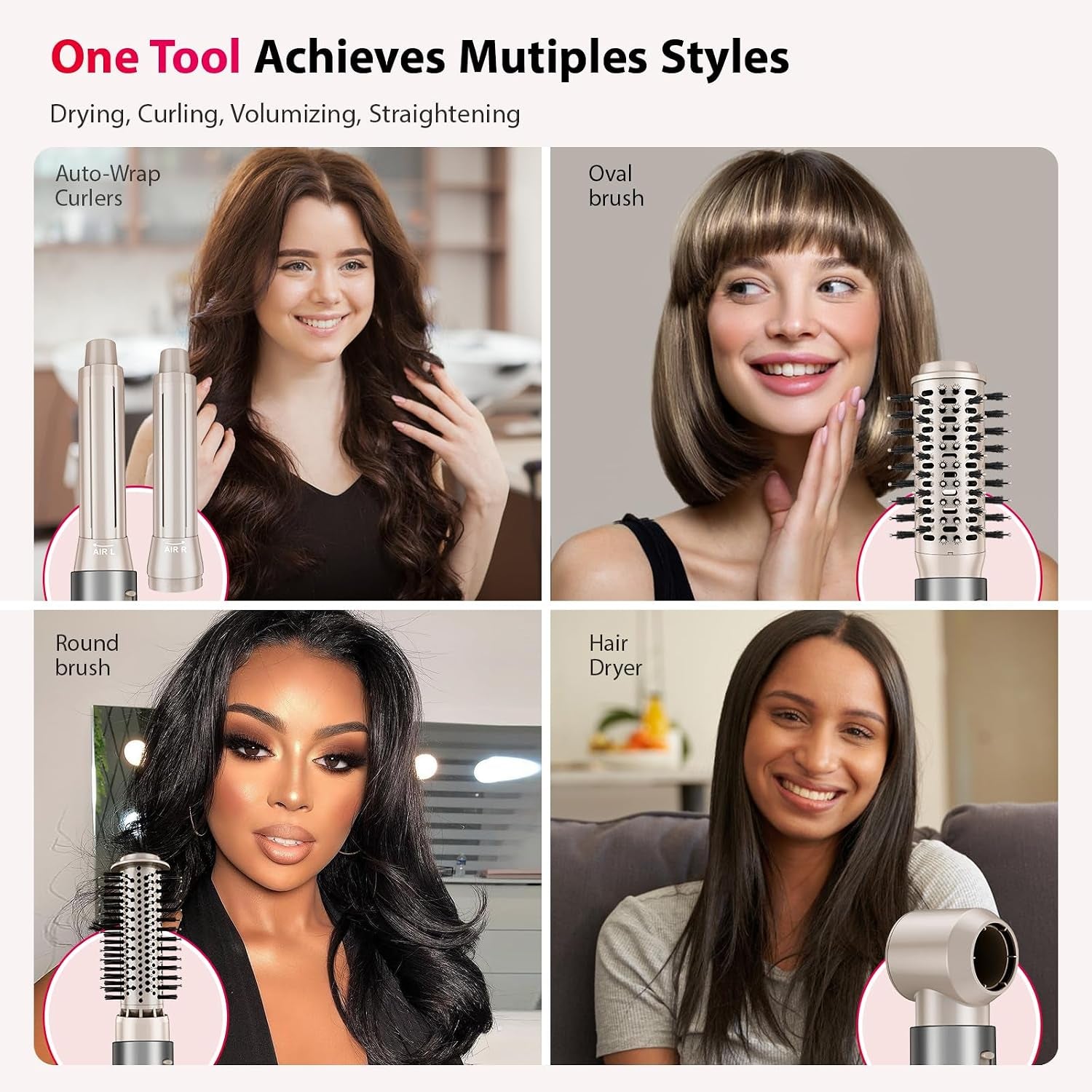 Hair Dryer Brush 5 in 1-110,000 RPM High-Speed Frizz-Free Blow Dryer for Fast Drying, Multi Hair Styler with Auto-Wrap Curlers, Blow Dryer Brush for Straightening Volumizing Curling Styling