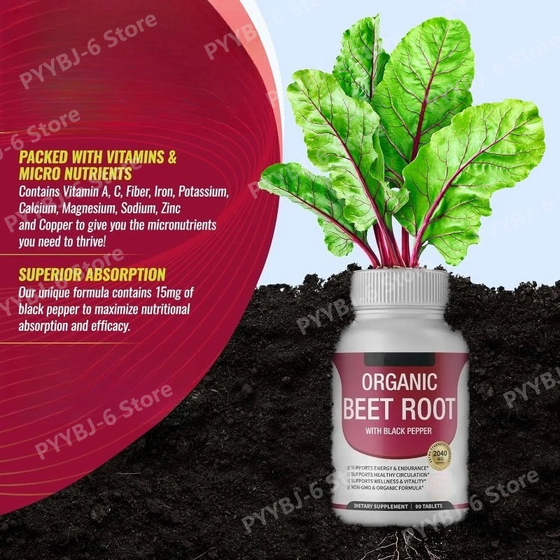Organic Beet Root with Black Pepper Natural Energy Boost Immune Support Antioxidant Supplement Non-Gmo Gluten Free 90 Tablets