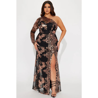 All Nighter Long Sleeve Sequin Gown - Black/Rose Gold