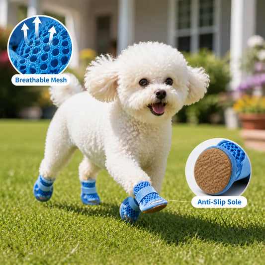4 Counts Breathable Mesh Dog Shoes, Anti-Slip Adjustable Strap Lightweight Pet Paw Protectors for Summer Daily Outdoor Walking Puppy Shoes Supplies