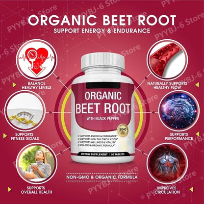Organic Beet Root with Black Pepper Natural Energy Boost Immune Support Antioxidant Supplement Non-Gmo Gluten Free 90 Tablets