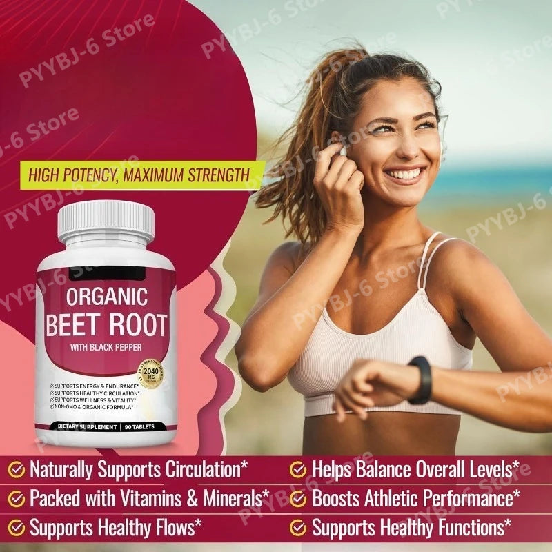 Organic Beet Root with Black Pepper Natural Energy Boost Immune Support Antioxidant Supplement Non-Gmo Gluten Free 90 Tablets