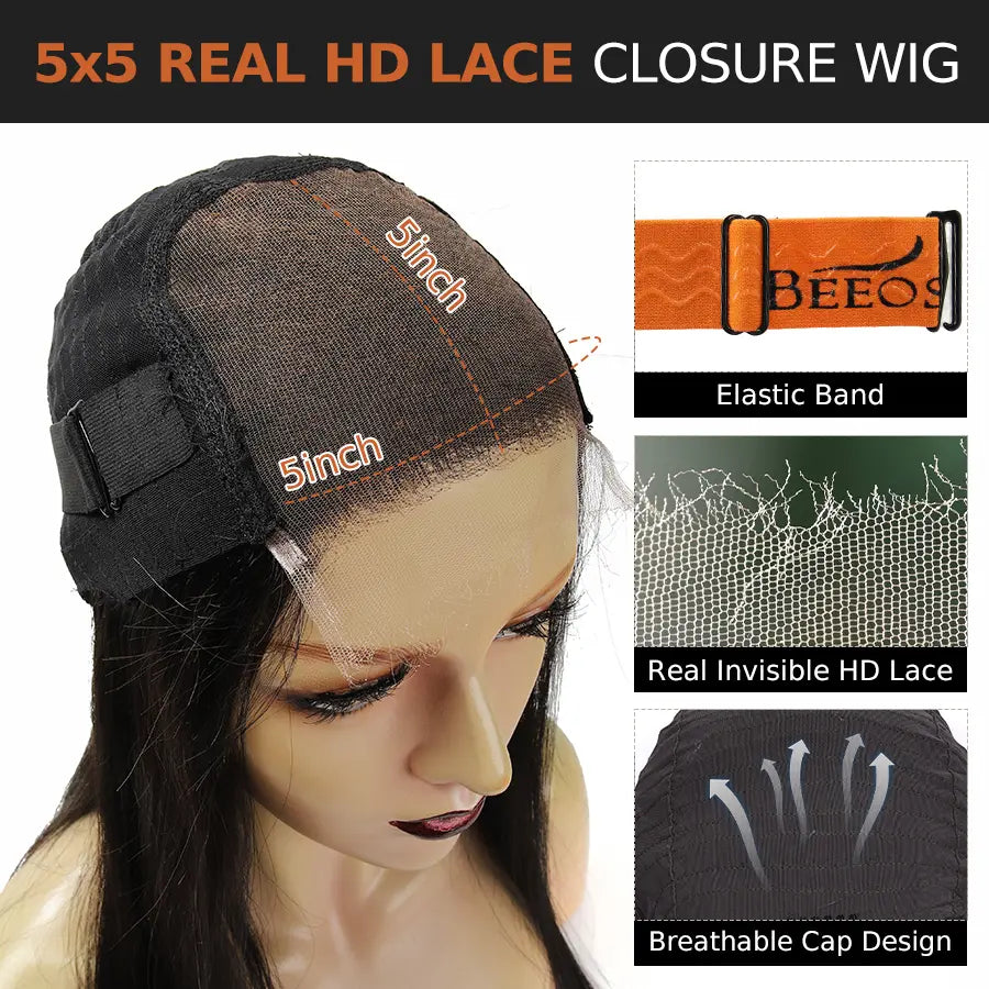 BEEOS Female 5X5 Lace Closure Glueless HD Wig, 20-In Water Wave Real Human Hair, 250% Density, Pre-Plucked Natural Hairline, Pre-Bleached Tiny Knots, Skinlike HD Lace, Beginner-Friendly Natural Black Wig, Glueless Hd Wigs,Sohochic