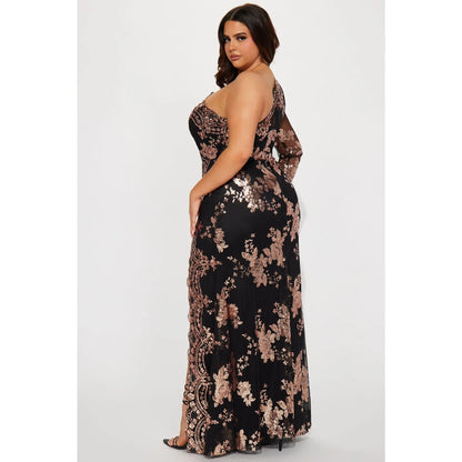 All Nighter Long Sleeve Sequin Gown - Black/Rose Gold
