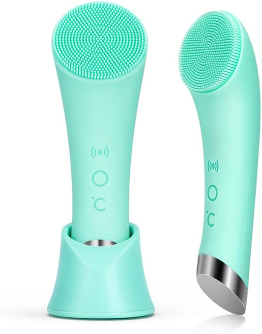 Silicone Face Scrubber, Rechargeable Facial Cleansing Brush with Heat Massage End, Vibrating Exfoliator Scrubber for Deep Cleaning, Waterproof Face Brush for Women and Men (Green)