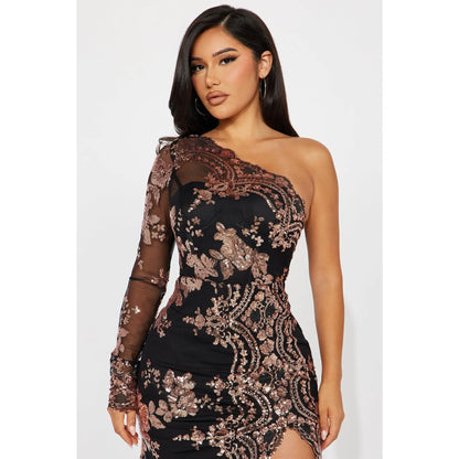 All Nighter Long Sleeve Sequin Gown - Black/Rose Gold