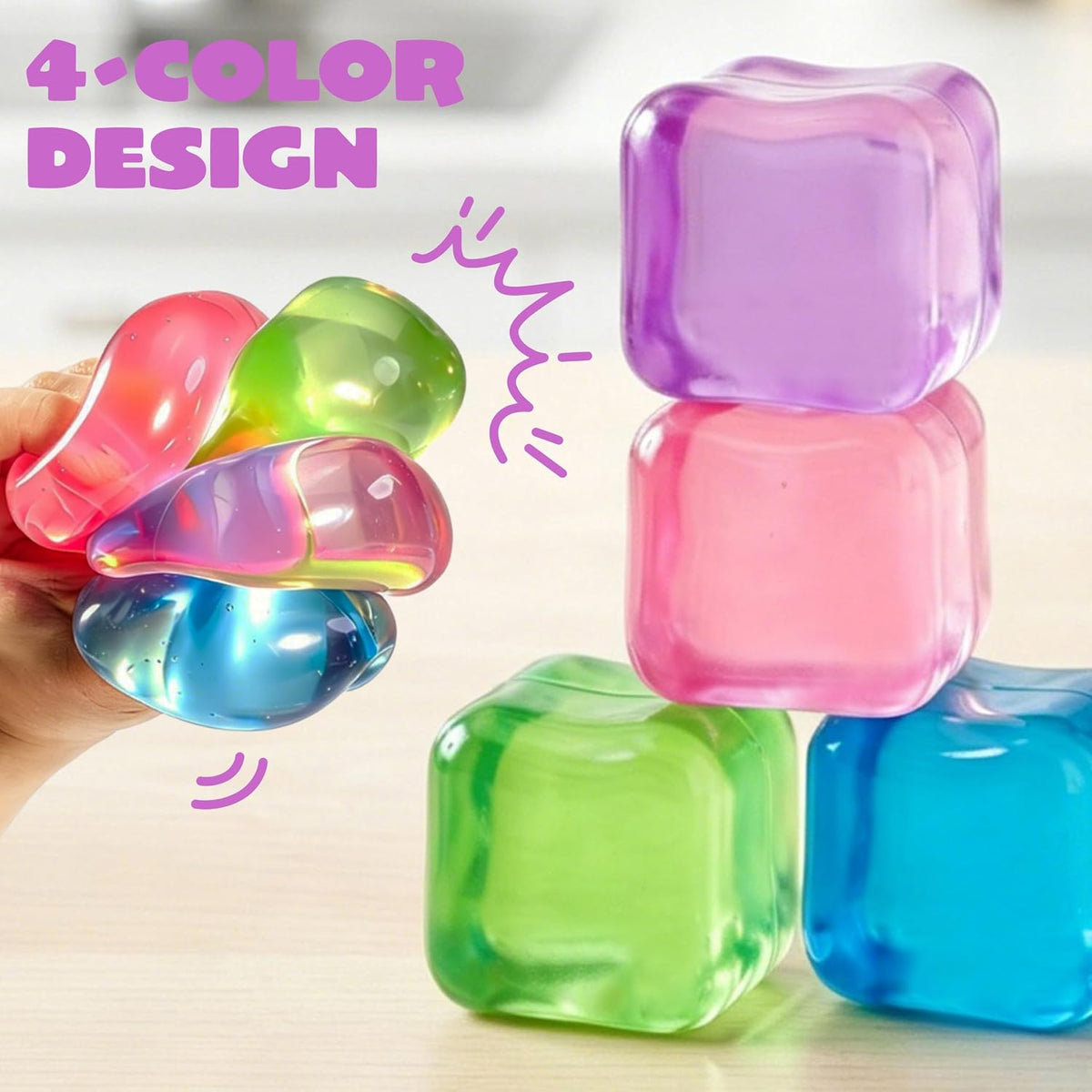 4 Pack Stress Cube, 2'' High Density Ice Cube Fidget Toy, Stress Relief with Slow Rising Sensory Squishy Toys for Kids Adults, Birthday Gifts, Party Favors, Halloween, Classroom Prizes